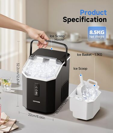 Машина для приготування морозива Komore, 15 кг/день, швидка (5 хв), портативна, з лопаткою та кошиком, самоочищення, для дому та офісу, чорна