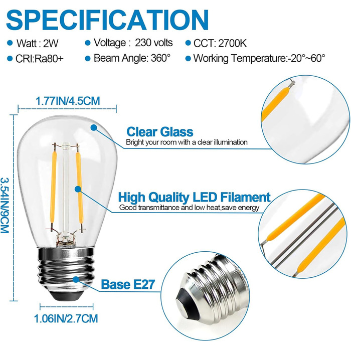 25 LED-ламп E27 2W, скляні, тепле світло 2700K, для ліхтарів та гірлянд, не димуються, 25 шт.