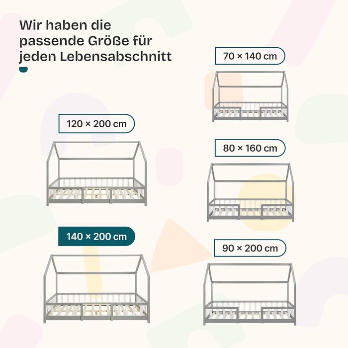 Ліжко дитяче Sisimiut Montessori 140x200 см з бар'єром. Дерев'яне ліжко для дітей, підлога, ламелі, сосна, світло-сірий/білий, без матрацу