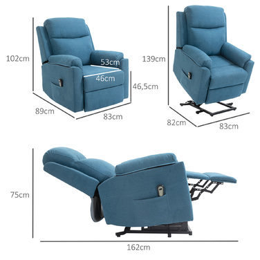 Крісло для електричного телевізора HOMCOM Recliner з допоміжним засобом для літніх людей, функцією відкидання та сну, білизна Look Blue 83x89x102см