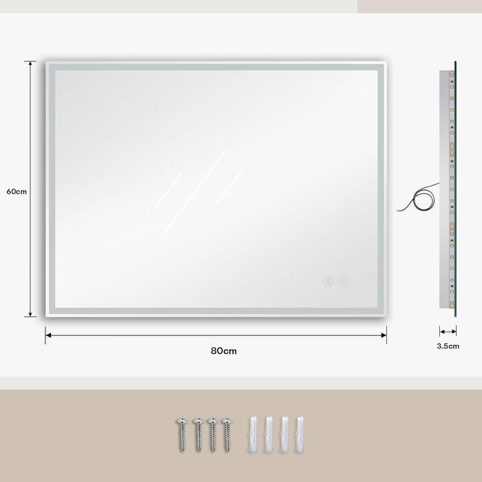 Дзеркало для ванної кімнати Dripex з LED-підсвічуванням 50x70 см (60x80 см) з Bluetooth, розеткою та протитуманним покриттям