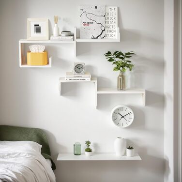 Полиця настінна SRIWATANA біла 5 шт., дерев'яна, плаваючі полиці до 40 кг, сучасна настінна дошка для декору, DIY монтаж для вітальні, ванної, спальні, офісу, кухні (білий)