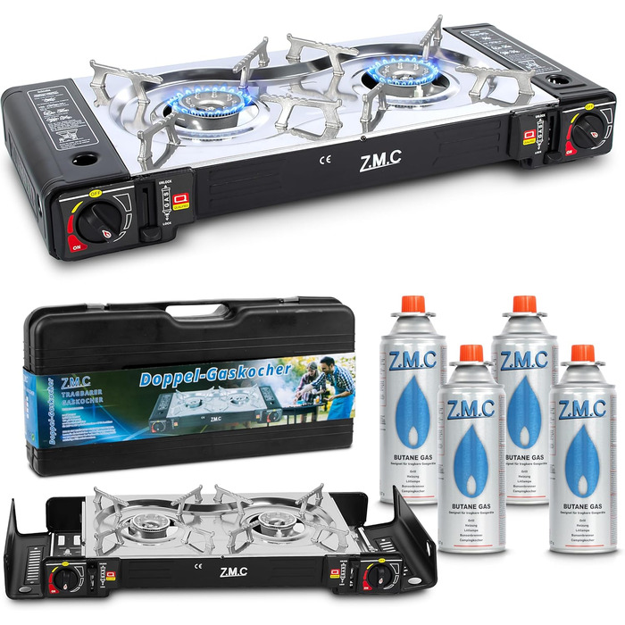 Газовий набір для кемпінгу ZMC 2-поверховий з адаптером для LPG + 4 балончики 227г + кейс, 2.5кВт, з Piezo-запалюванням, для відпочинку на природі та дому