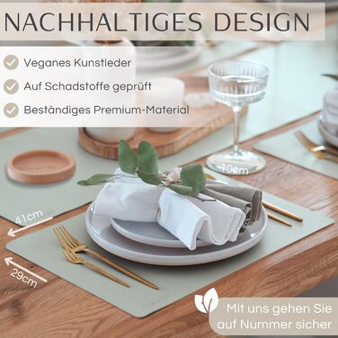 Набір з 6 преміум-підкладок для столу Mahewa® з екошкіри - підкладки для тарілок, миються та водонепроникні, в стилі шкіри (Salbeigrün, кутові з тримачем)