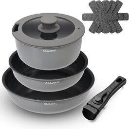 Набір посуду 9-ти частинний з знімним ручками, антипригарне покриття, для всіх типів плит, включаючи індукційні, сумісний з духовкою (сірий)