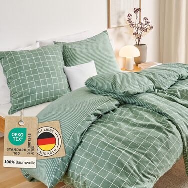 Бетліня Blumtal Biber 200x200 + 2x 80x80 см, бавовна, фланель, Oeko-TEX, преміум якість, зимова, двостороння, тауп (зелений малюнок)