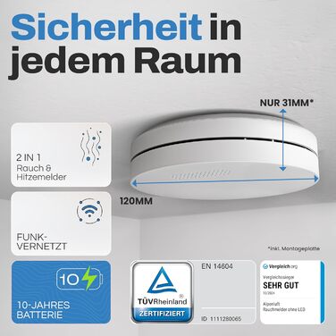 Датчик диму та тепла Rauchmelder Funk Vernetzt 5шт. Без дріфелю, без свердління, радіус дії - 10 років, комплект