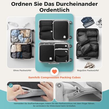 Набір органайзерів для валізи та рюкзака з компресією, водонепроникні пакувальні куби для подорожей, 8 предметів, чорний