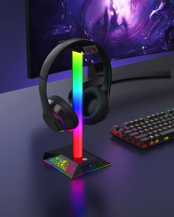 Кронштейн для гарнітури HCMAN RGB з 2 USB, світлодіодна підставка для навушників для ПК-геймера, чорний