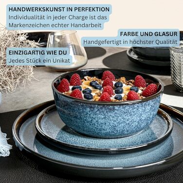 Набір посуду SÄNGER Steingut 18 предметів: 6 тарілок для їжі, 6 кашових тарілок, 6 десертних тарілок, блакитний колір з чорним бордюром, стійкий до подряпин. VALUE COLLECTION (Osaka, каші 6 шт.)