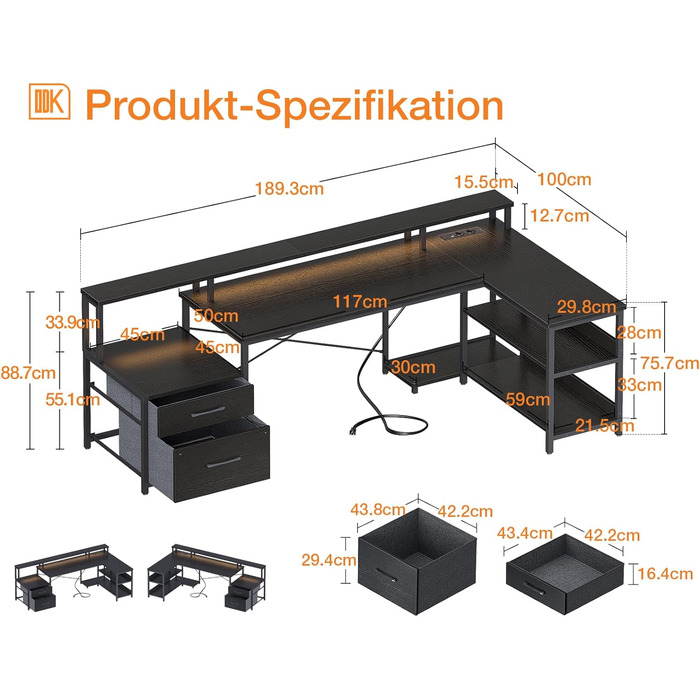 Письмовий стіл ODK L-подібний з розетками, USB, LED, шухляда та полиці, 172.5100 см, чорний