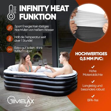 Надувна ванна TIMELAX® XL з ергономічною спинкою, 0,5 мм PVC, без BPA | Мобільна ванна для дорослих, чорна