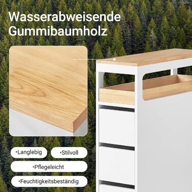 Шафка для ванної кімнати SoBuy з колесами, вузька шафка з 3 висувними ящиками, компактна тумбочка з дерева, навісна шафка для маленьких ванних кімнат, туалетів та кухонь, біла, 65x23x82 см, BZR54-W