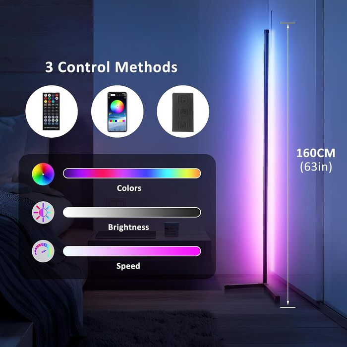 Світлодіодний торшер Comius Sharp 160 см Smart RGB з дистанційним керуванням, додатком, музичними режимами, функцією зроби сам і синхронізацією