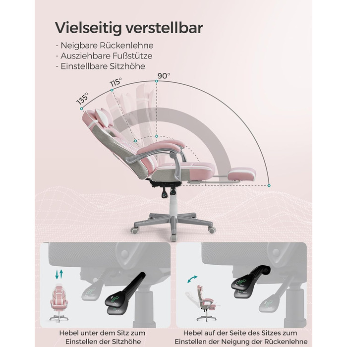 Офісне крісло SONGMICS, ігрове крісло, регульоване, підставка для ніг, гойдалковий механізм, підголівник, 150 кг, рожевий/білий