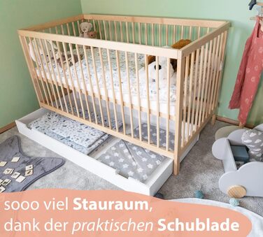 Дитяче ліжечко Alcube см Тоні виготовлене з високоякісної деревини бука, з накладними перекладинами і матрацом з шухлядою білого кольору (70х140, натуральне - з висувним ящиком)