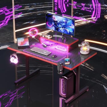 Ігровий стіл Devoko 160x60 см з LED підсвічуванням, з підставкою для монітора, карбоновим покриттям, ергономічний, з тримачем для чашки та гачком для навушників