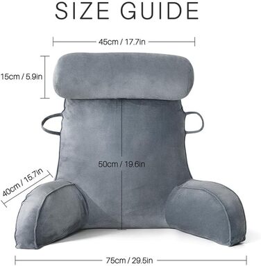 Подушка для читання Mingfuxin для ліжка, дивана, підлоги: знімний валик для шиї та підлокітником для підтримки спини, сіра