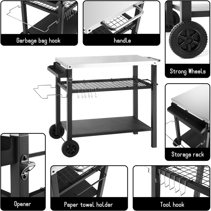 Грати для гриля з великою робочою поверхнею | Столик для гриля, вуличний гриль-тролей, грати для гриля на вулиці, стільниця з нержавіючої сталі для саду (срібло/чорний, 112*59*82 см)