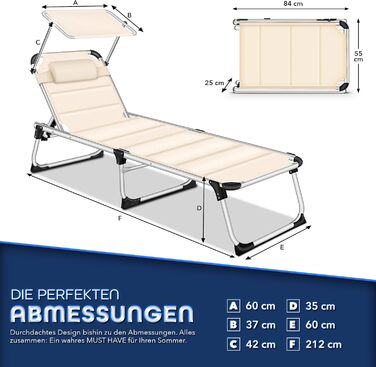 Сонячне ліжко Tillvex® з дахом та подушкою для голови | Садова лежанка, розкладний шезлонг | Пляжний лежак з регульованою спинкою | Алюмінієве ліжко (ліжко з преміум-подушкою, бежеве)