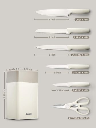Набір кухонних ножів Yabano 7 предметів з підставкою та точилкою, кухонний набір з пластиковою підставкою (білий)