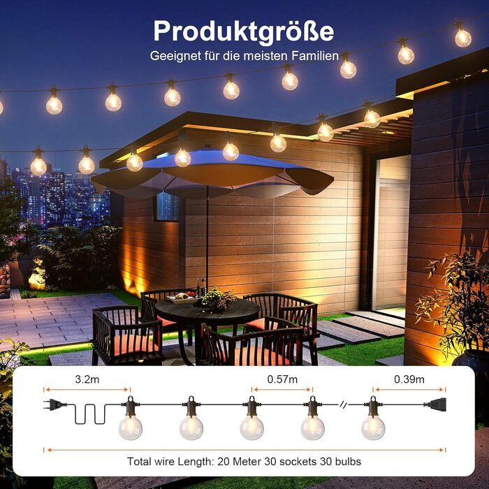 Ланцюжок прикрас Kawaya 10M з LED-лампами для зовнішнього використання, IP65, вологостійкий, теплий білий світлодіодний гірлянда для балкона, тераси, саду, вечірки, шлюбу, заднього двору