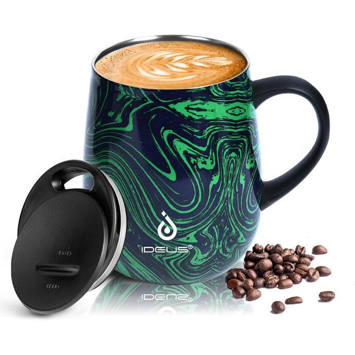 Кружка для кави та чаю Ideus 470 мл з подвійними стінками, нержавіюча сталь, з нековзним ручним тримачем та кришкою-модулем, великий об'єм (Трав'яний зелений)