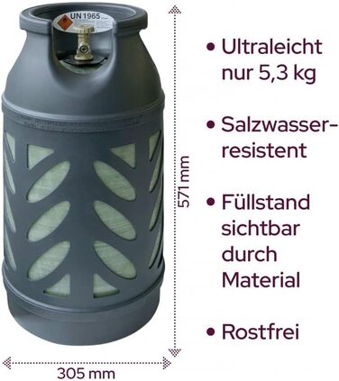 Bluecraft Premium Газовий балон пропановий 10 кг, балон з композитного матеріалу, легкий, з індикатором рівня газу, з газовим регулятором та ключем