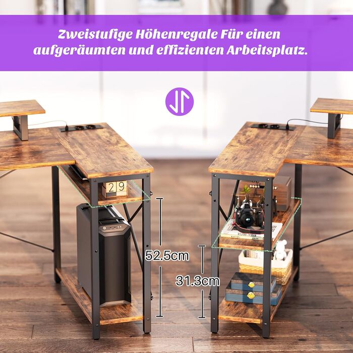 Кутовий ігровий стіл з LED-підсвіткою та розетками, 120x70 см, колір: сіра береза (рустикальний коричневий)