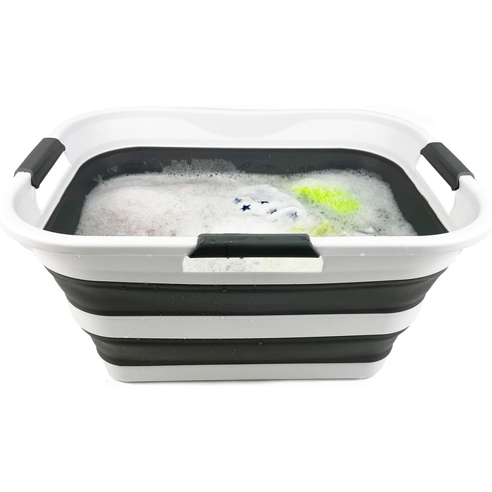 Складний пластиковий кошик для білизни - Складний висувний контейнер для зберігання/органайзер - Портативний лоток для прання - Компактний кошик/кошик (білий/сталево-сірий), 30L