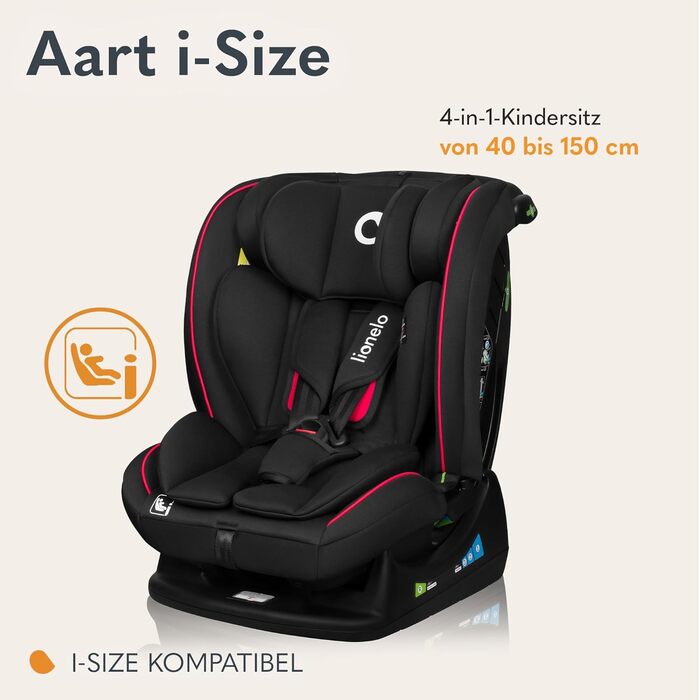 Автокрісло Lionelo AART I-Size для дітей 40-150 см, чорне, з регулюванням спинки та підголівника, R129 i-Size