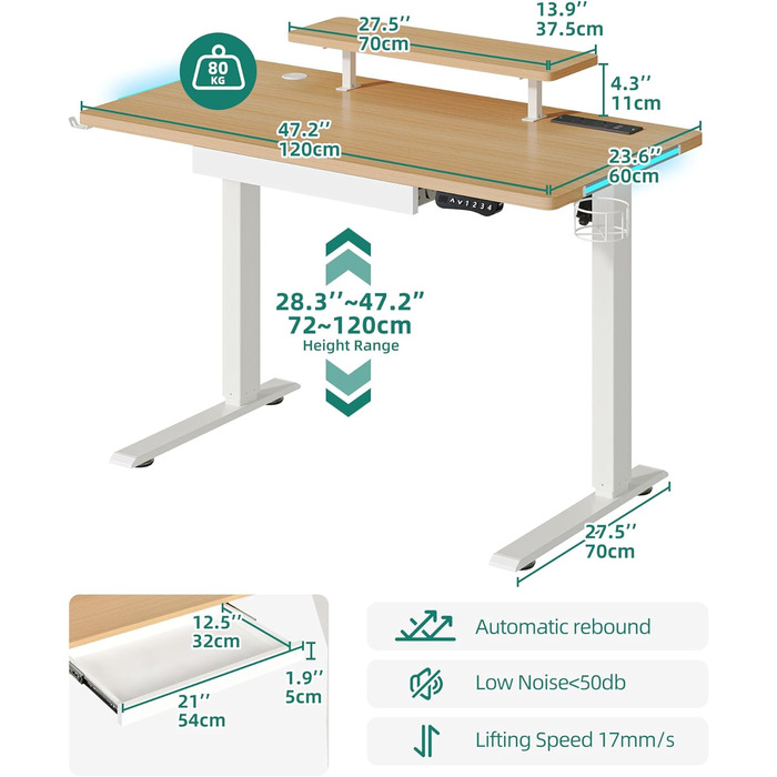 Настільний стіл YITAHOME з регулюванням висоти електричний з розеткою, ергономічний стіл сидячи та стоячи зі стільницею з чотирьох частин, комп'ютерний стіл з функцією пам'яті (дуб, 120x60 см)