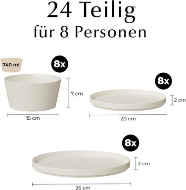 Набір посуду Miamio для 8 осіб (24 шт.) з кераміки, сучасний дизайн, безпечний для миття в посудомийній машині та використання в мікрохвильовій печі, білий, преміум-якість