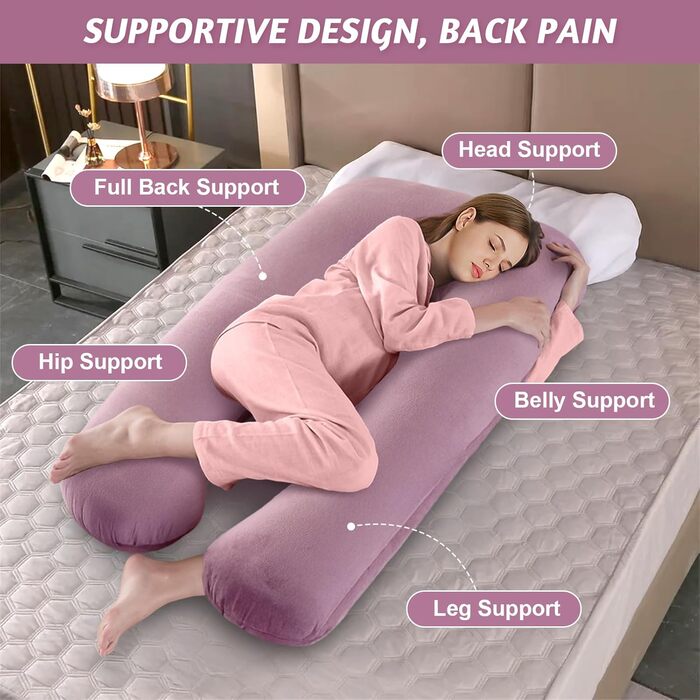 Вагітний подушка U-подібної форми, подушка для всього тіла з чохлом, подушка для годування XXL, велика подушка для сну на боці для вагітних знімний та пральний чохол (Рожевий, Велюр)