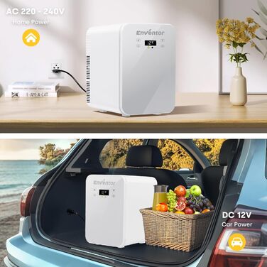 Mini холодильник Enventor 10L: тихий, з подвійним охолодженням, 12V/220V, для авто, кімнати, офісу (білий)