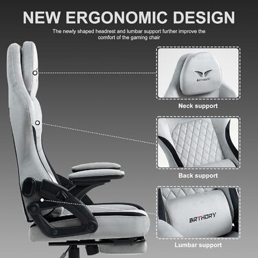 Ігровий крісло BRTHORY Ergonomic Racing з регульованою підголівником, підлокітниками та підніжкою, з тканиною, пружинним сидінням, функцією гойдання, 135°, сірий