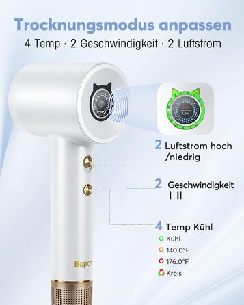 Високошвидкісний фен Bopcal з сенсорним екраном 110000 об/хв 500 мільйонів фенів з негативними іонами швидкого сушіння, тихий фен для домашніх тварин, подорожі, подарунок (білий)