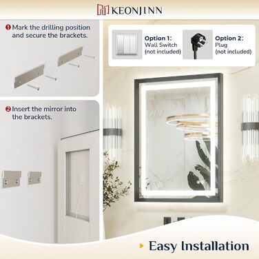Дзеркало для ванної кімнати Keonjinn з підсвічуванням, металевий каркас 50x70 см, антизапар, LED, сенсорне керування, 3 кольори світла, диммування, пам'ять, настінне дзеркало (Чорний, 60 x 100 см)