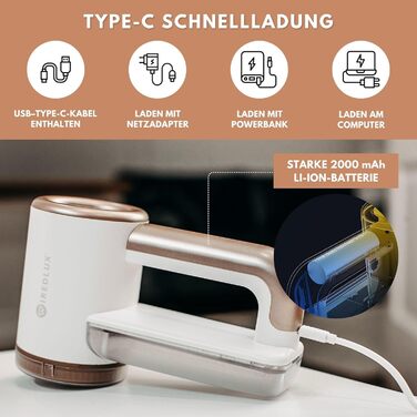 Електричний видальник ворсу WiredLux - бездротовий пристрій для одягу та меблів. 3 швидкості, 6-лезове лезо, LED-дисплей, USB-зарядка (білий, слонова кістка, золото)