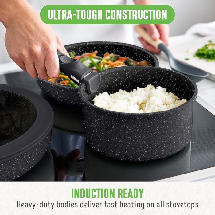 Набір посуду GreenLife 10 предметів з антипригарним покриттям, знімні ручки, складаний посуд, антитоксичні, без PFAS сковороди, індукційні каструлі та сковороди, економія місця, сервіровочні миски (Чорний Спренкле)