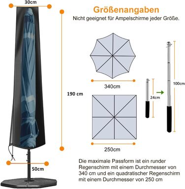 Чохол для парасольки OKPOW 3м: водовідштовхуючий, 600D, з блискавкою, захист від сонця, вітру та снігу, 190см×30/50см, чорний