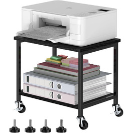 Двоярусний стіл для принтера з роликами, 30x42x37 см, дерев'яний та металевий, мобільний, для офісу та вітальні, чорний