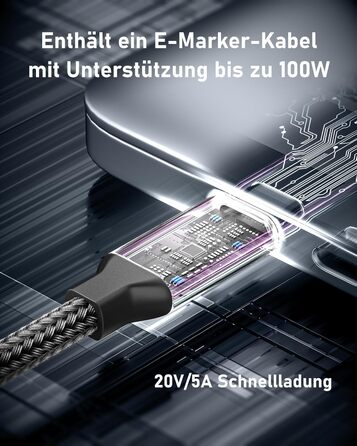 Для ноутбука EASYLONG, акумуляторна батарея 26800 мАг/99,16 Втгод PD 100 Вт, повербанк для швидкої зарядки з кабелем E-Marker, USB C Power Bank для MacBook, мобільного телефону, iPad, Lenovo, HP, Dell Black