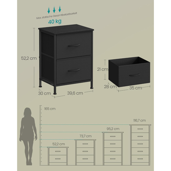 SONGMICS Комод з 2 висувними ящиками, шафка для зберігання, сталь, MDF, тканина, для спальні, прихожої, вітальні, чорний, LGS312BH03