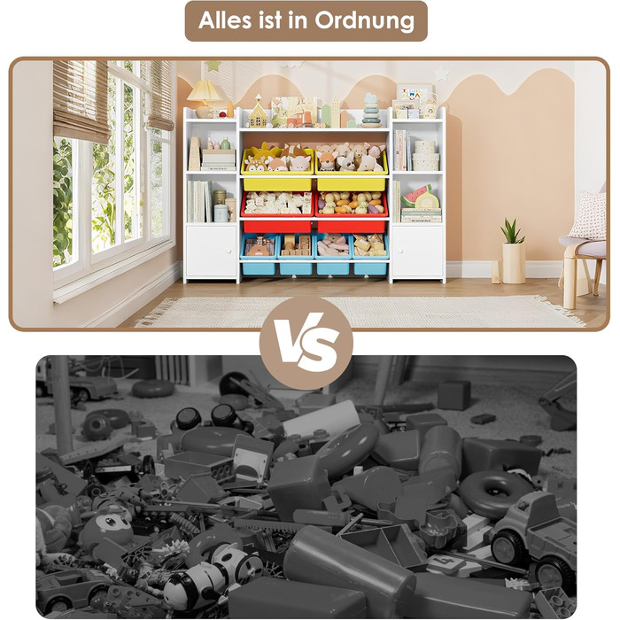 FOREHILL Регульована полиця для іграшок з 8 ящиками, дитячий шафчик, книжкова полиця для дітей, органайзер для іграшок, меблі для дитячої кімнати з іграшковою коробкою, 138,8 x 94,3 x 29,6 см, білий (білий з червоним)