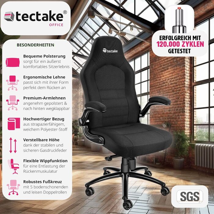Офісний крісло tectake з регульованими підлокітниками та функцією гойдання, обертовий крісло з регулюванням висоти та роликами, крісло для керівника з тканинним покриттям, ергономічне офісне крісло, комп'ютерне крісло - чорне