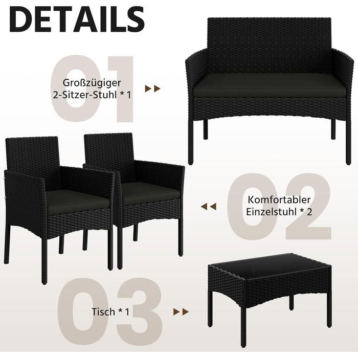 Набір садово-розплідницьких меблів Yaheetech на 4 особи з ротангу для тераси/балкону/саду (софа 2 місця, 2 стільці, стіл, подушки)