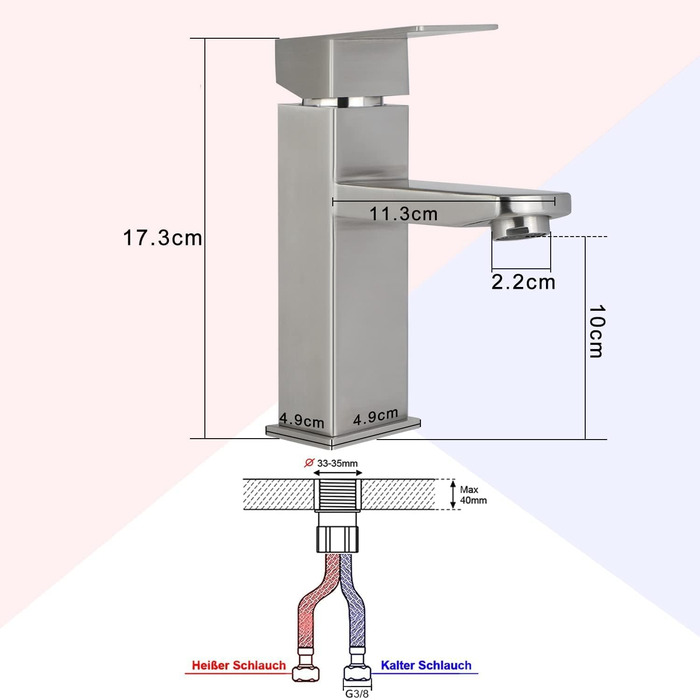 Змішувач для ванної кімнати з нержавіючої сталі, однолеверний, для умивальника, під високий тиск, з підключенням до гарячої та холодної води