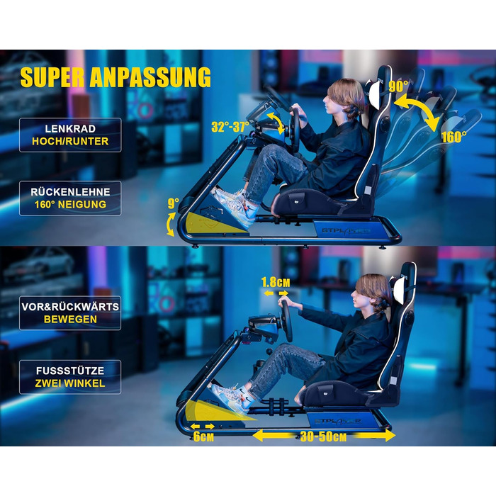 GTPLAYER Симулятор кокпіт для автосимуляторів, стійка для керма та педалей, білий