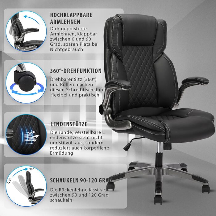 Ергономічне крісло для офісу 180 кг, крісло для столу з високою спинкою та широким сидінням, відкидні підлокітники, комп'ютерне крісло для офісу, дому, геймінгу (Чорний, без масажу)